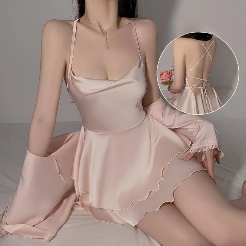Smooth and Soft Underwear Comfortable Silky Satin Sexy Swinging Collar Women's Suspender Nightdress Robe Loungewear Set 2026