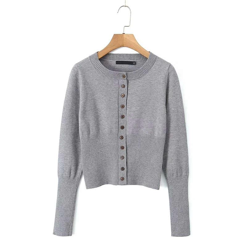 New Autumn Women Front Button Long Sleeve O Neck Solid Crop Knit Cardigan Casual Short Sweater Outerwear Black White Gray Brown