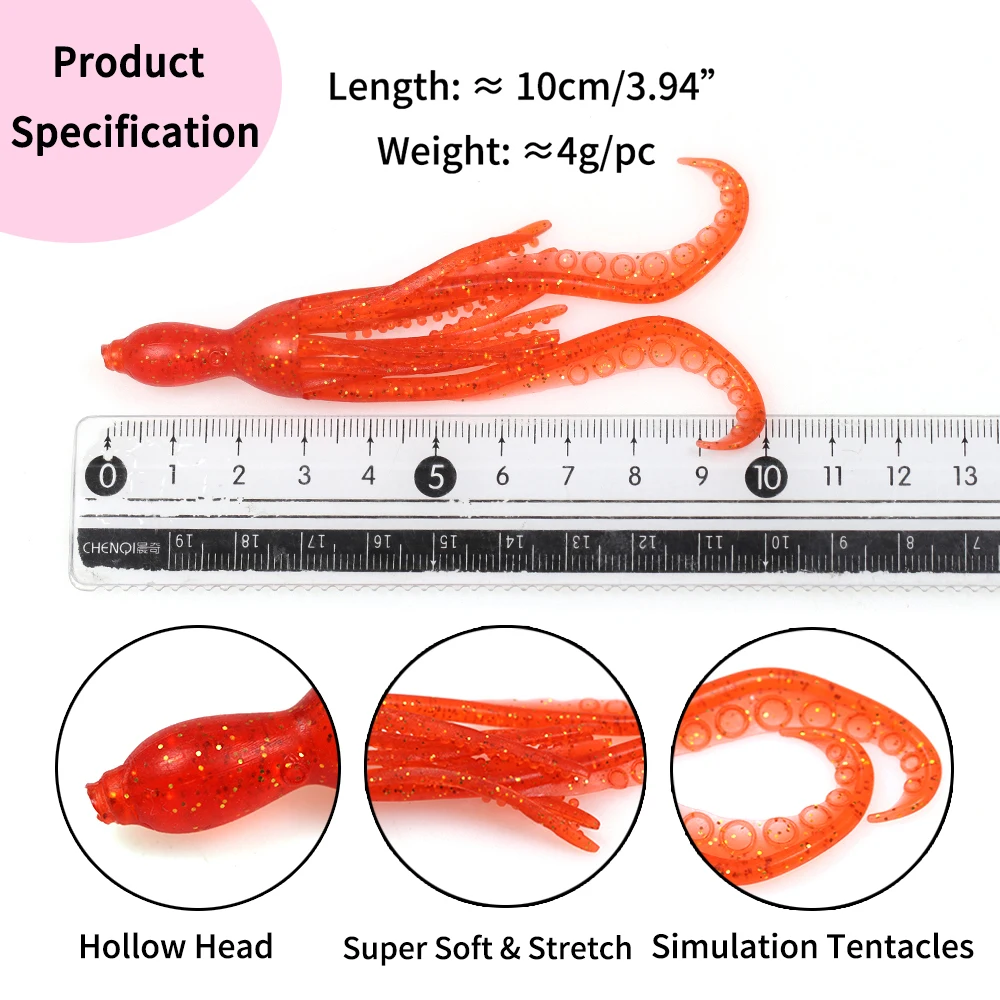 ELLLV 5pcs 10cm/4g Octopus Squid Bait Fluo Saltwater Snapper Fishing Soft Lure TPR Material Kabura Pesca Wobbler Fishing Tackle