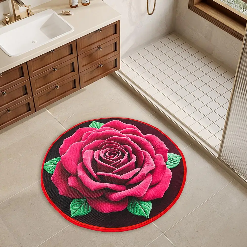 Creative Round 3D Rose Floor Mat Non-slip Absorbent Blanket 23.6 X 23.6 Inches Quick Dry Flower Carpet for Living Room Bedroom