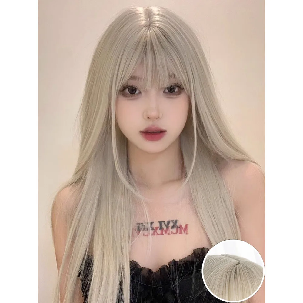 Long Silky Straight Synthetic Wigs with Bangs Beige Gold Cosplay Party Lolita Hair Wigs for Women Natural Heat Resistant Wig