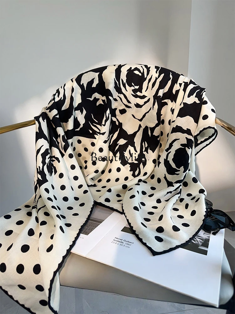 Black and white style high-end silk wool large square scarf autumn and winter silk wool scarf shawl