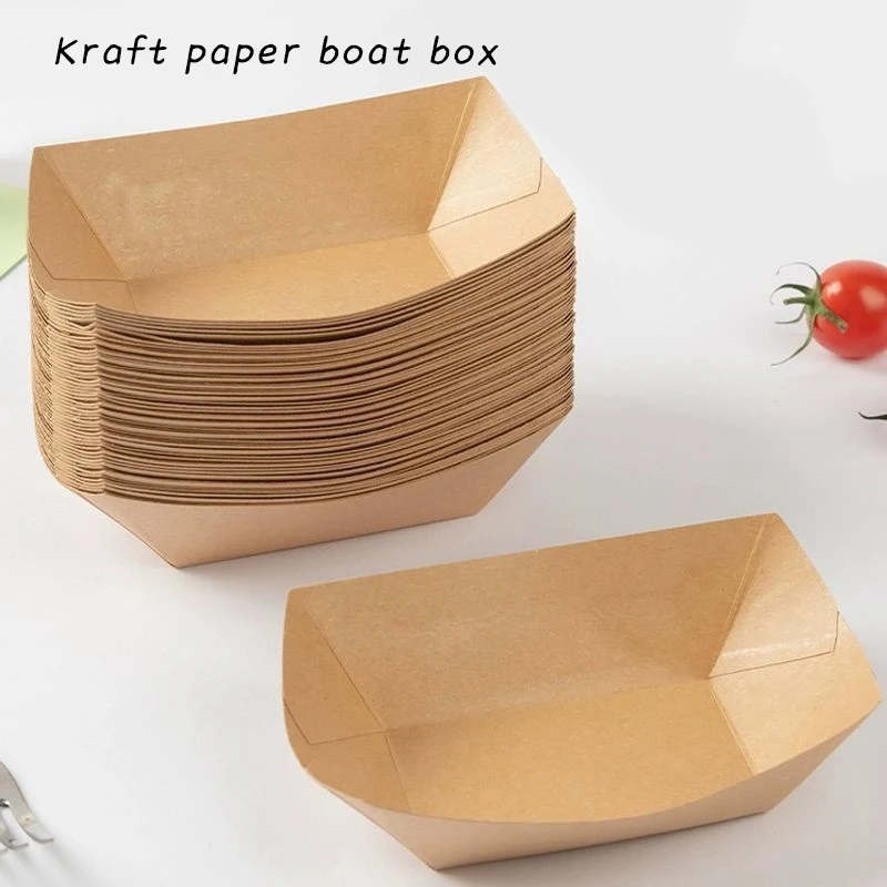 20/15Pcs Kraft Paper Box Disposable Coated Boat Box Oil Proof Food Plates Put for Hot Dog Fried Food Snack and Sushi Candy