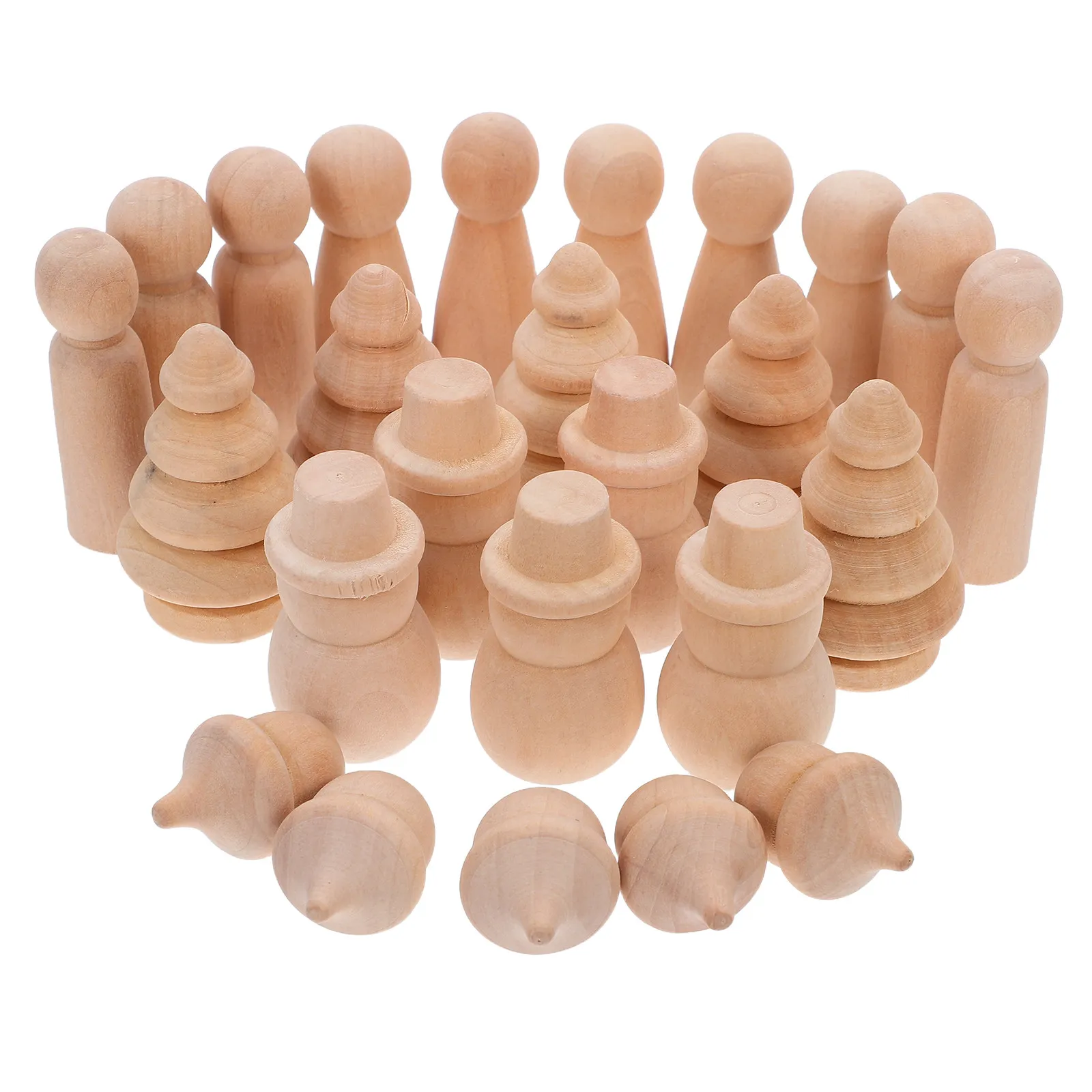 30Pcs Natural Wood Peg People Unfinished Christmas Figures Snowman Tree Pine Cone Shapes DIY Holiday Crafts Family Activity