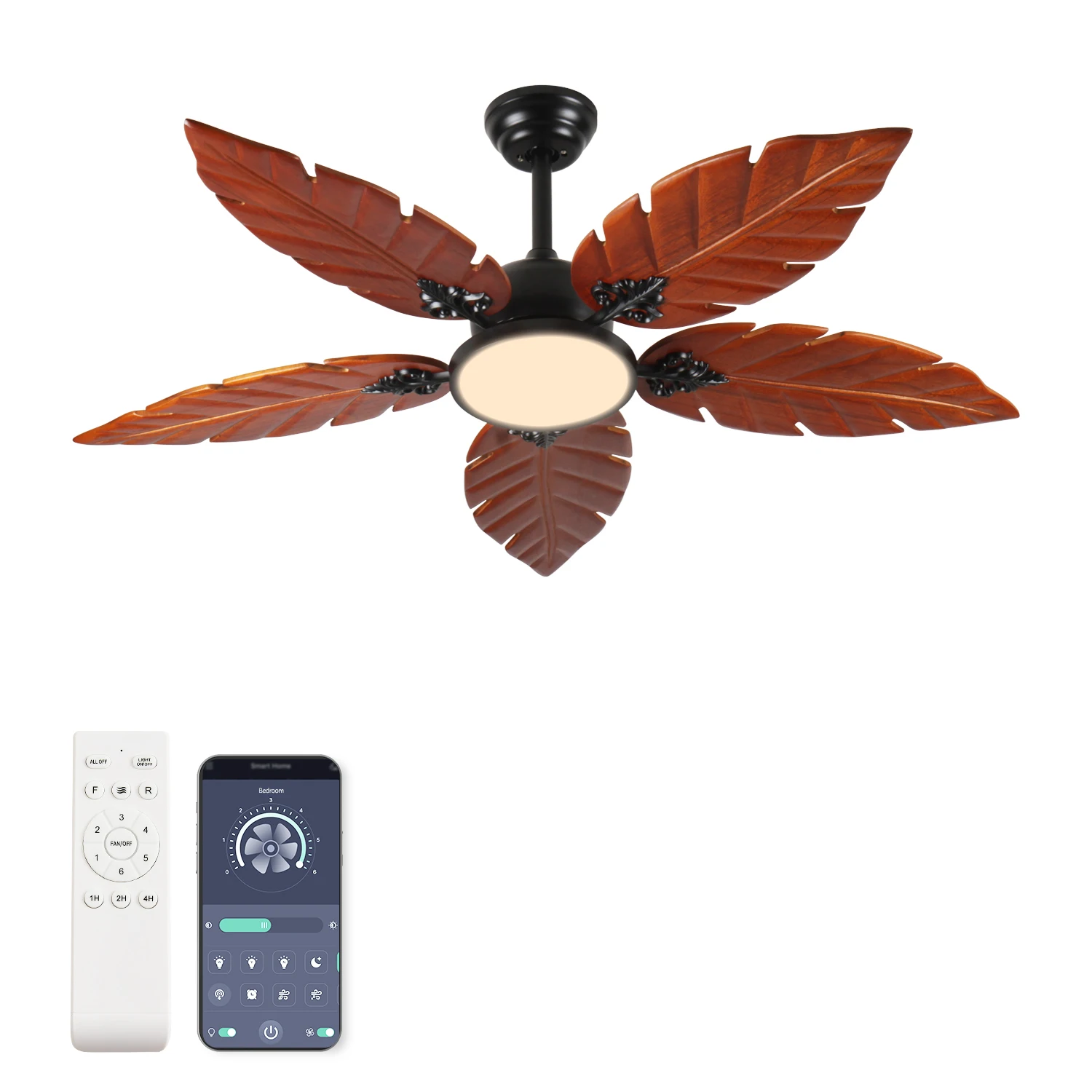 52 Inch Tropical Palm Leaf Ceiling Fan with Light & Remote, Hand-Carved Solid Wood Blades, Pure Copper DC Motor 75% Energy Saving, Black Bronze Indoor/Outdoor Fan for Living Room, Bedroom, Patio
