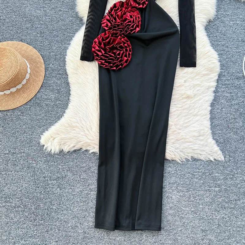 Women 3D Floral Dress Luxury Long Sleeve Zipper Design Splice Slim American Fashion Split Mesh Sheer Sexy Party Dress