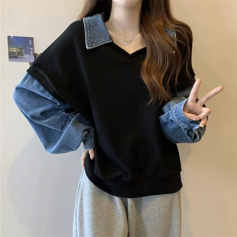 

plus Size Ne Sweatirt Women's Loose Long Sve Denim Patchwork Spring Autumn plus Size Clothing Korean Sle Commut...