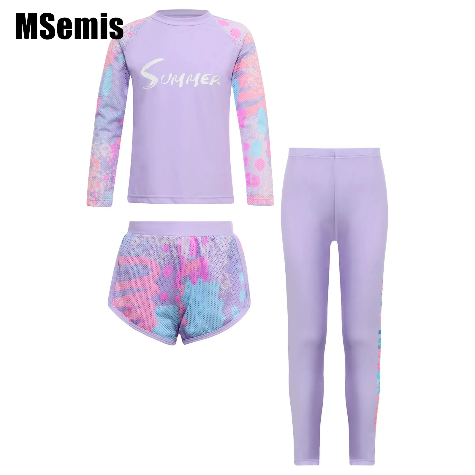 

3Pcs Print Swim Suit for Kids Girls Tie-dye Long Sleeve Top Shorts And Pants Swimwear Pool Beach Sun Protection Rash Guard Set