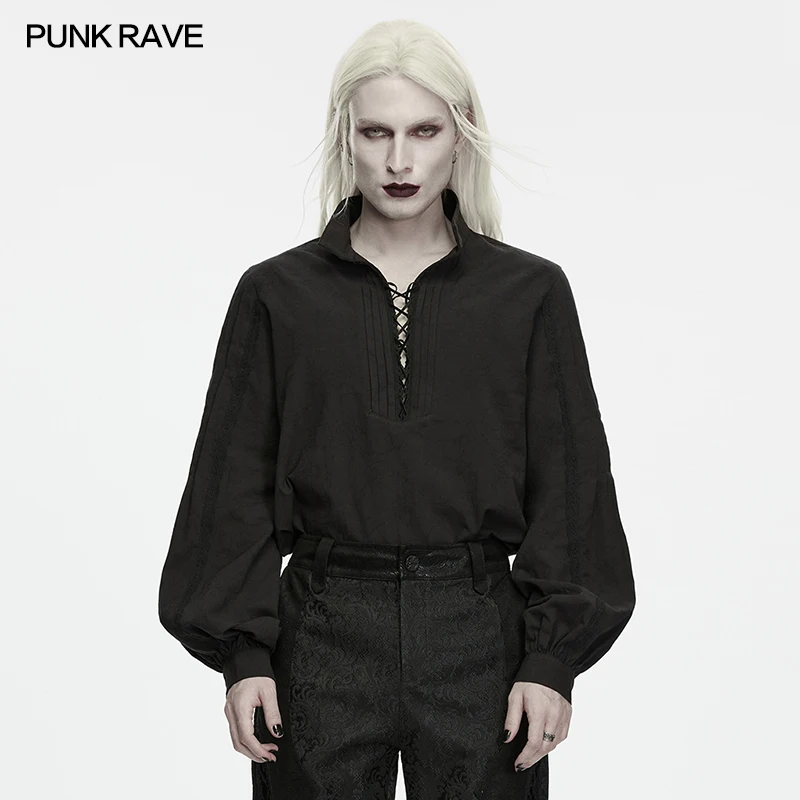 PUNK RAVE Men's Goth Ruins Era Lace-up Loose Lantern Sleeves Dark Jacquard Shirt Vintage Small Collar Party Club Comfort Tops