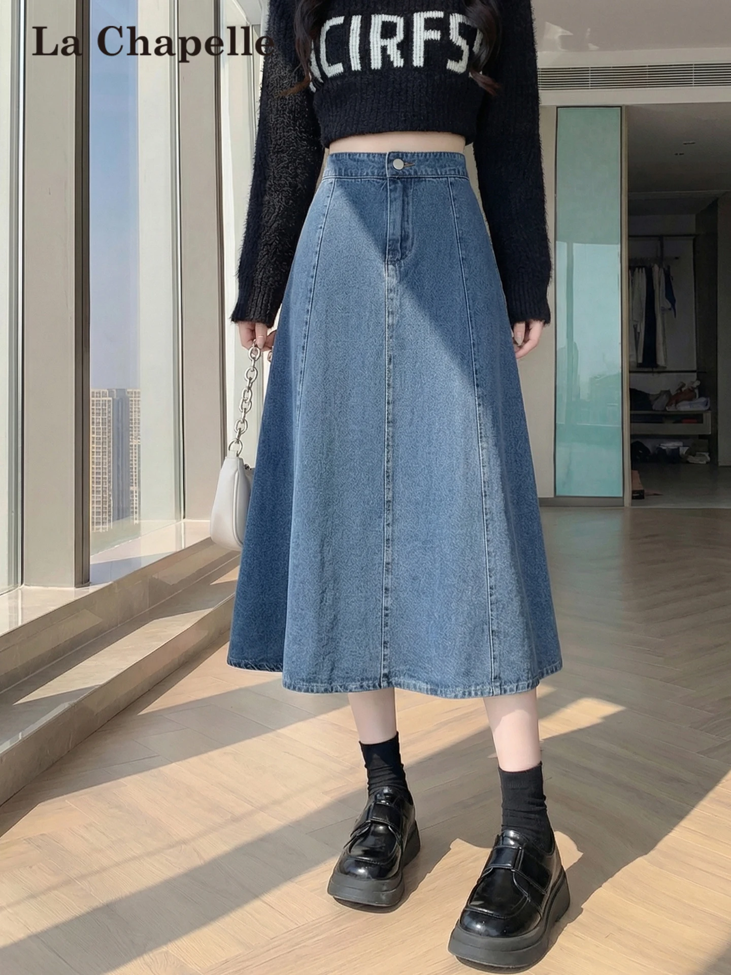 High Waist A-Line Denim Skirt Women's Autumn Winter New Style Midi Skirt Trendy Casual Polyester Fiber No Ironing Treatment