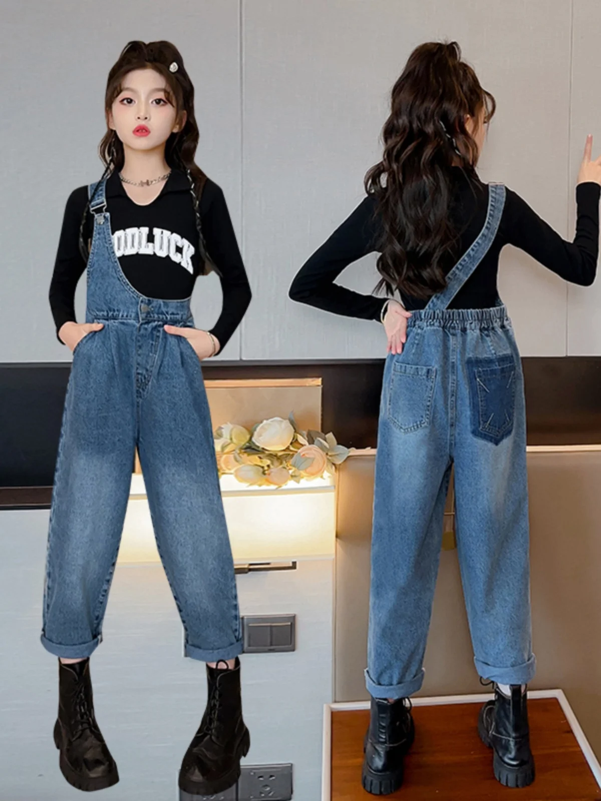 

Модные джинсовые комбинезоны для девочек-подростков, весна 2024, широкие брюки, светло-голубые, с защитой от сминания, из хлопка