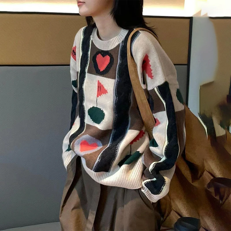 

100% pure cashmere sweater for women, a color-blocked heart-shaped base, loose knitted thick sweater coat for autumn and winter