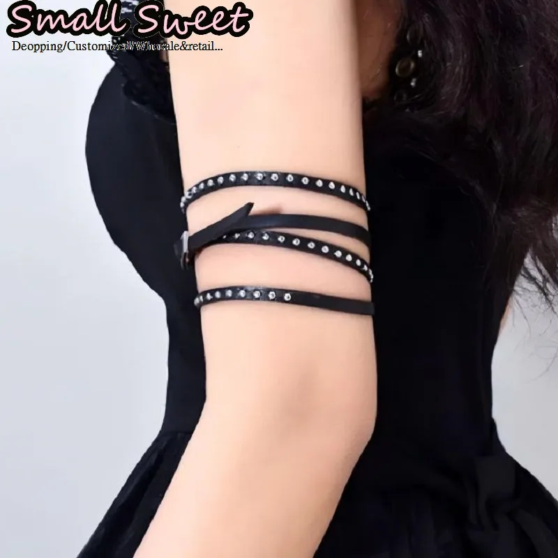Harajuku Y2K Girl Subculture Lolita Punk Gothic Beaded Tie Straps Metal Rivets Leather Upper Arm Cuffs Alternative Armlet