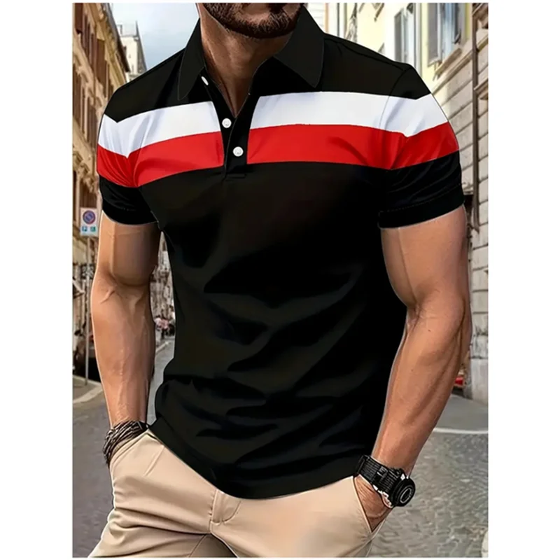 Camisa polo bloqueadora de cores masculina, roupa casual de negócios, lapela respirável confortável, blusa manga curta, moda minimalista