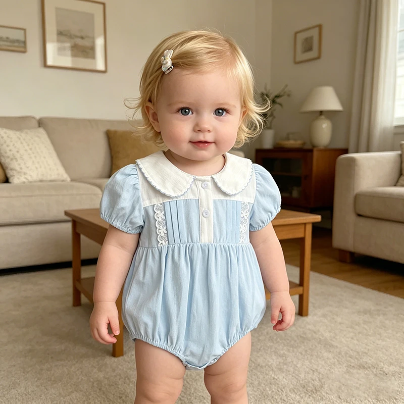 2026 Sommer Neu 0-24M Baby Mädchen Strampler Koreanische Version Kurzarm-Bodysuit mit Blumenstickerei Süßer Blauer Einteiler