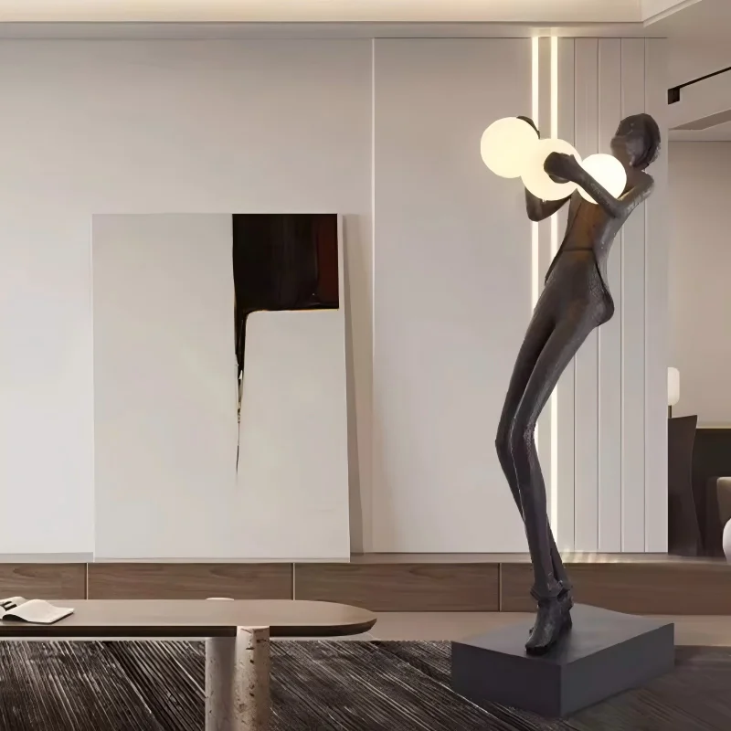 Nordic Modern LED Floor Lamp Humanoid Figure Sculpture with Red Glass Metal for Hotel & Living Room Art Decoration