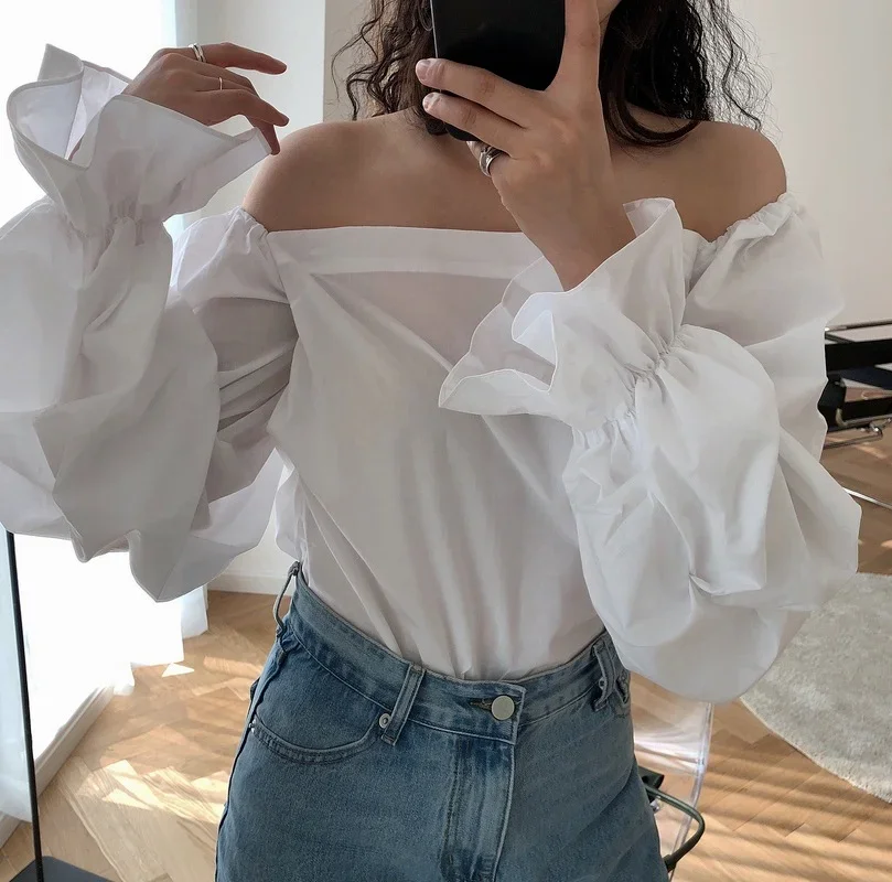 

Spring Korean Fashion Vintage Solid Square Collar T Shirt Casual French Style Neckline Shoulder Loose Puff Sleeve High Street