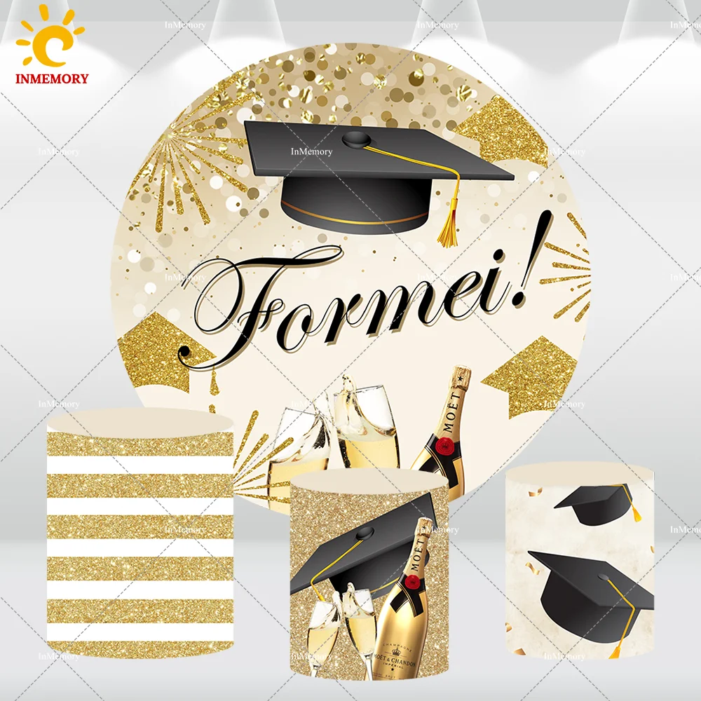 Gold Bokeh Graduation Round Backdrop Cover Class of 2024 Congratulations Photo Background Grad Prom Party Decorations Photobooth