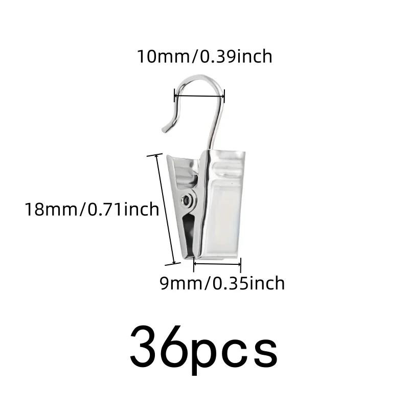 36 pcs Open Curtain Hooks, Silver Open-End Design for Balcony Door Drapery, Easy Slide On Rod great for Small Item Hanging