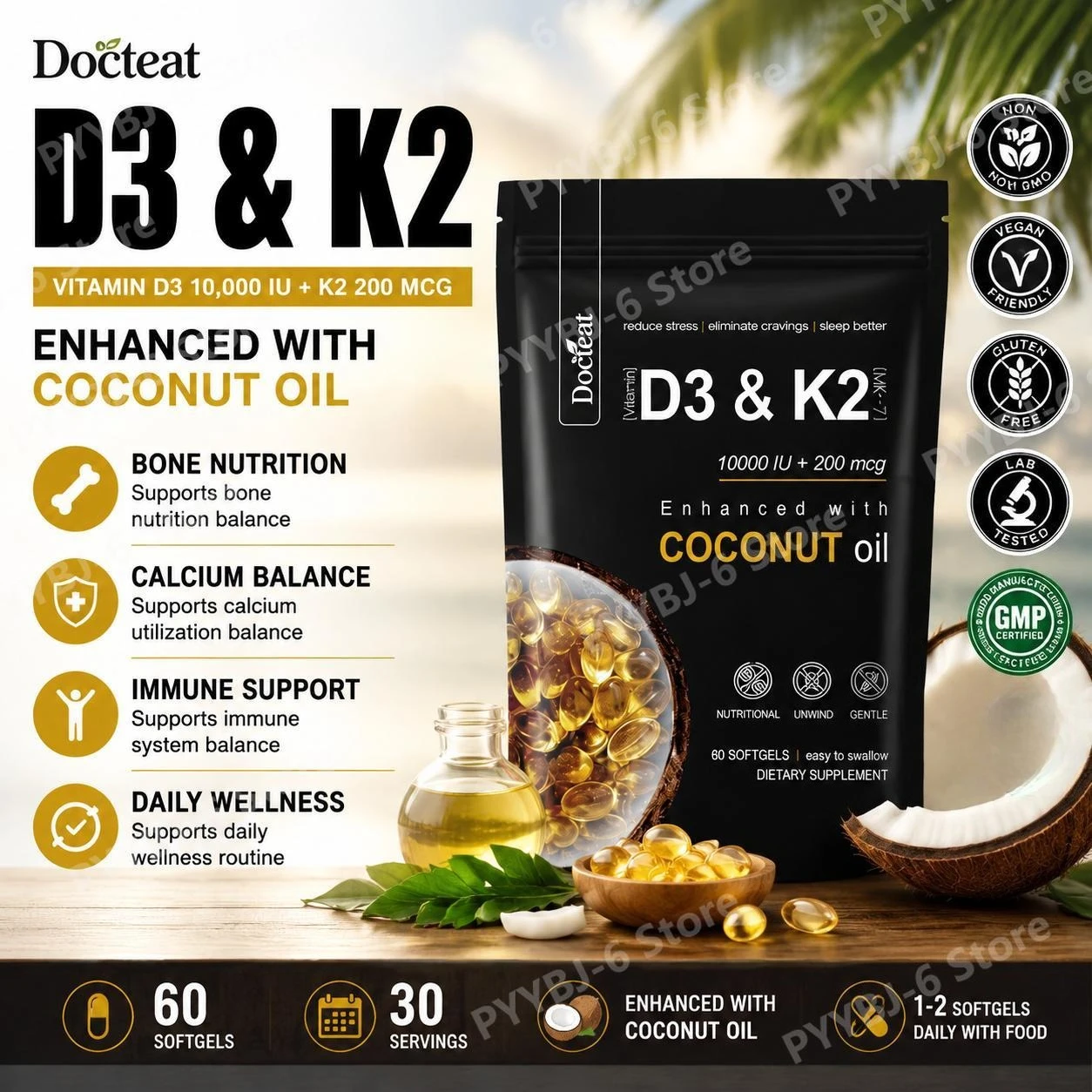 Docteat Vitamin D3 & K2 Softgels with Magnesium and Coconut Oil for Bone Nutrition Balance, Immune System Balance - 60 Softgels