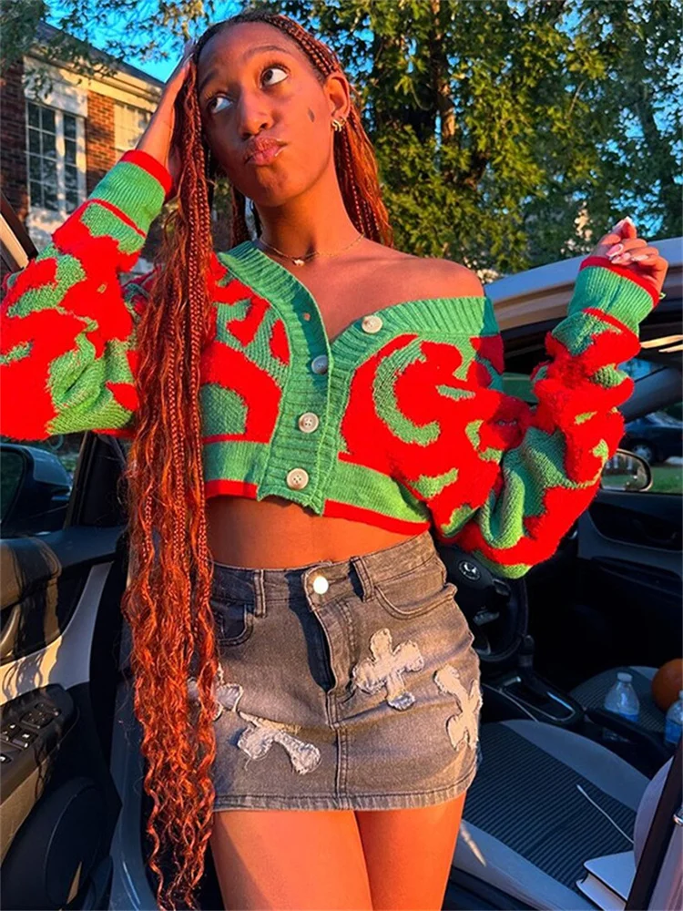 Whatiwear Contrast Patchwork Crop Jacket Women Autumn Trend Single-Breasted Cardigan Full Sleeve Street Fashion Elegant Coats