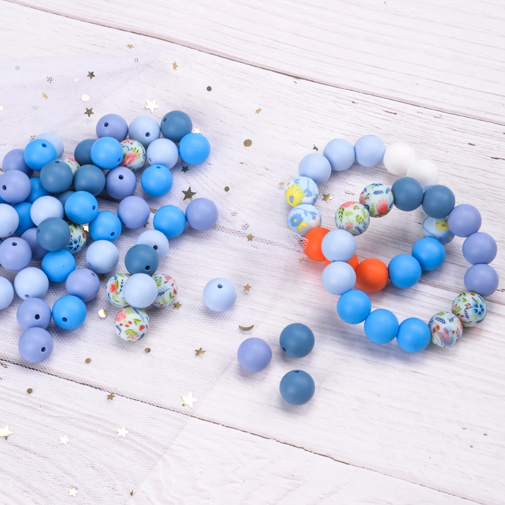 LOFCA 30Pcs 15mm Silicone Beads Round Loose Mix Print Beads For Jewelry Making DIY KeyChain Bracelet Necklace Jewelry accessorie