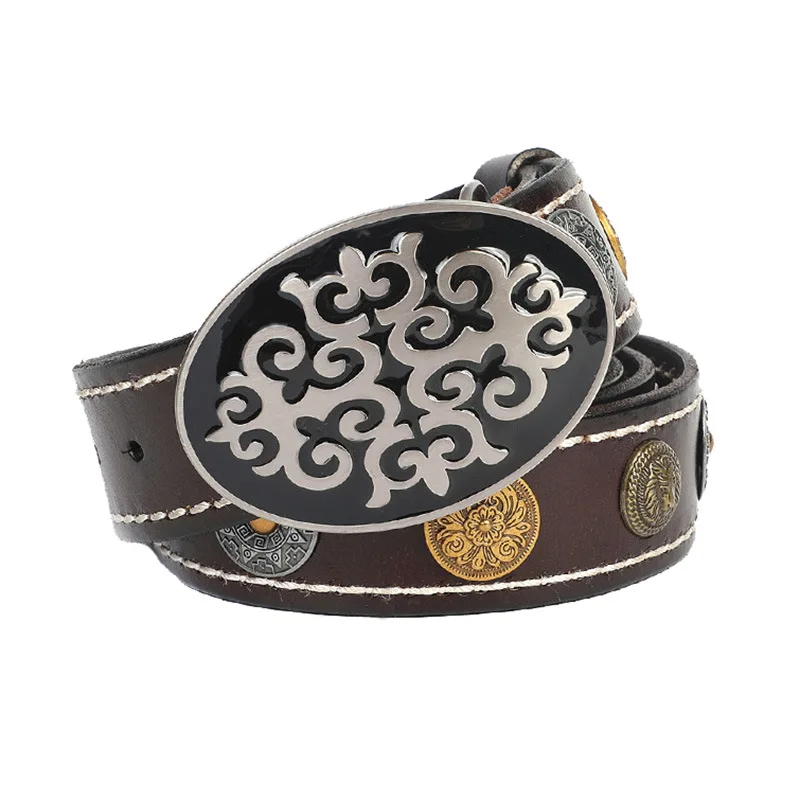 Genuine leather belt made of top-grain cowhide with vintage smooth buckle
