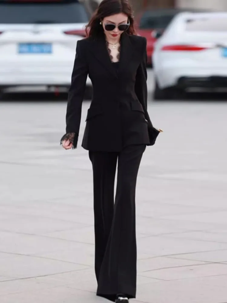 Women Blazer Coat Flare Pants Suit Spring New Fashion Lace Long Sleeve Female Clothes Two Piece Set