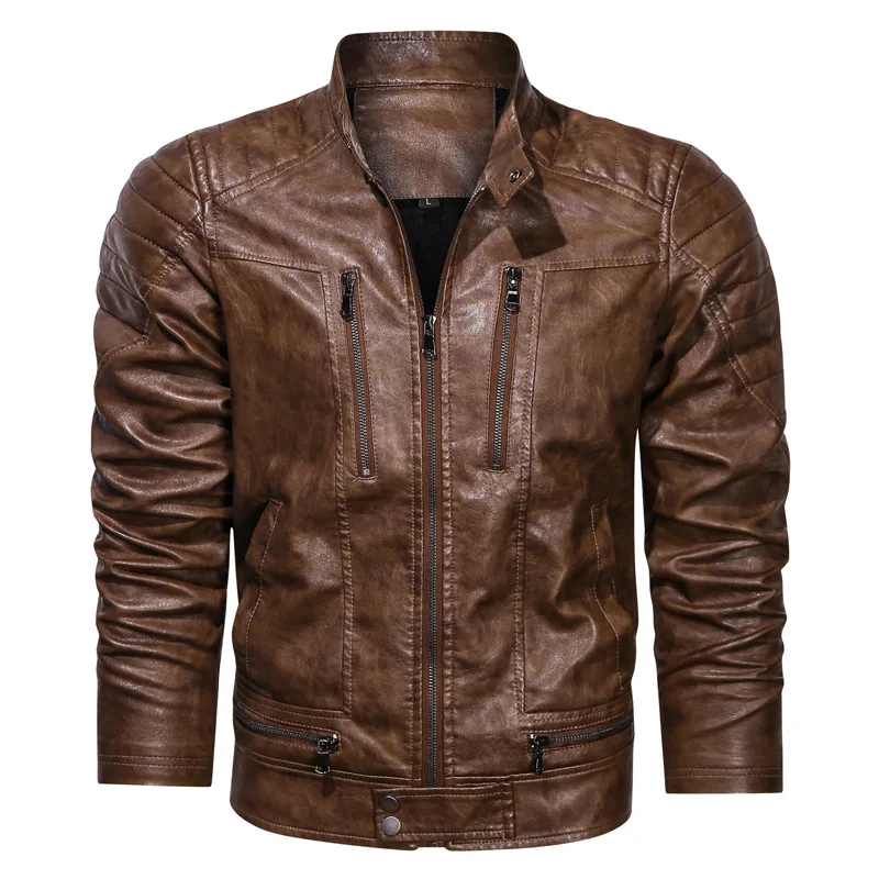 

2023 Spring Autumn New Casual Men PU Leather Jacket Non-Ironing Treatment Fashion City Leather Clothing with Stand Collar Men