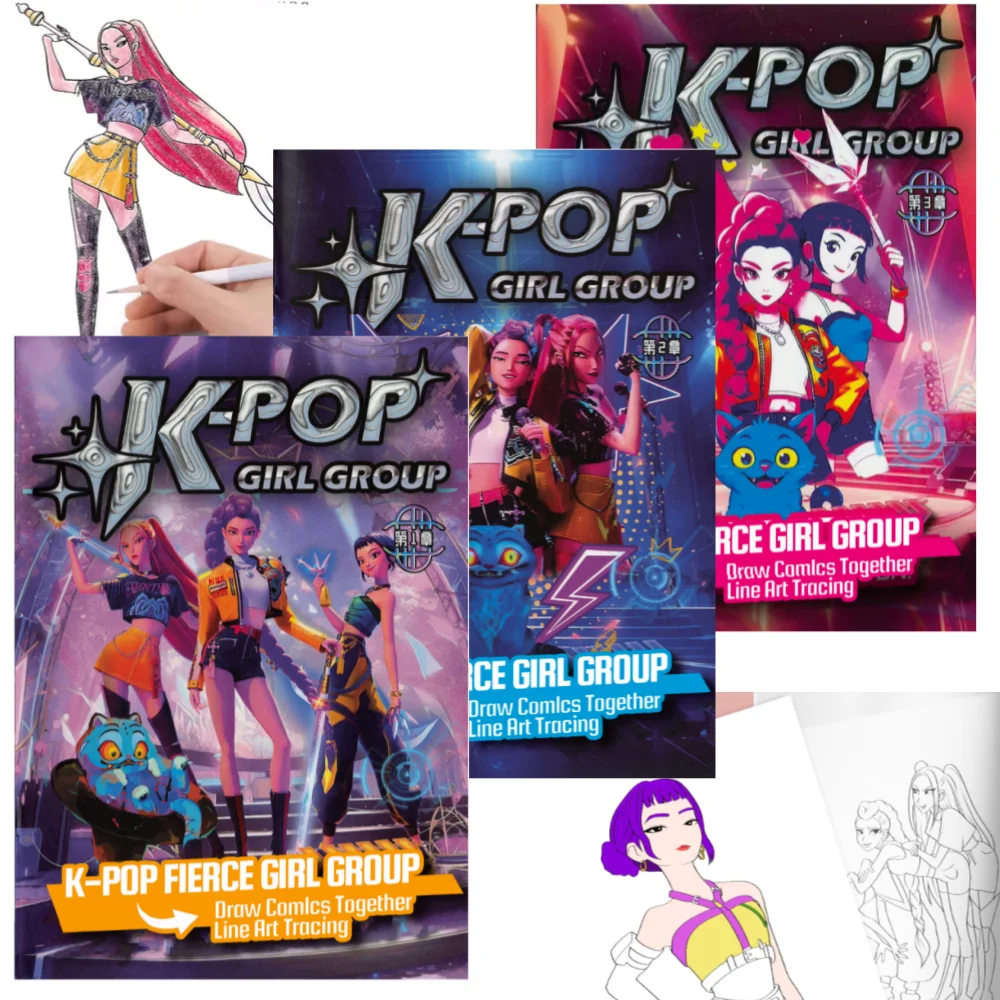 

KPOP Demon Hunters Painting Book Anime Cartoon Figures Peripheral Children Doodle DIY Creative Drawing Outline Colouring Book