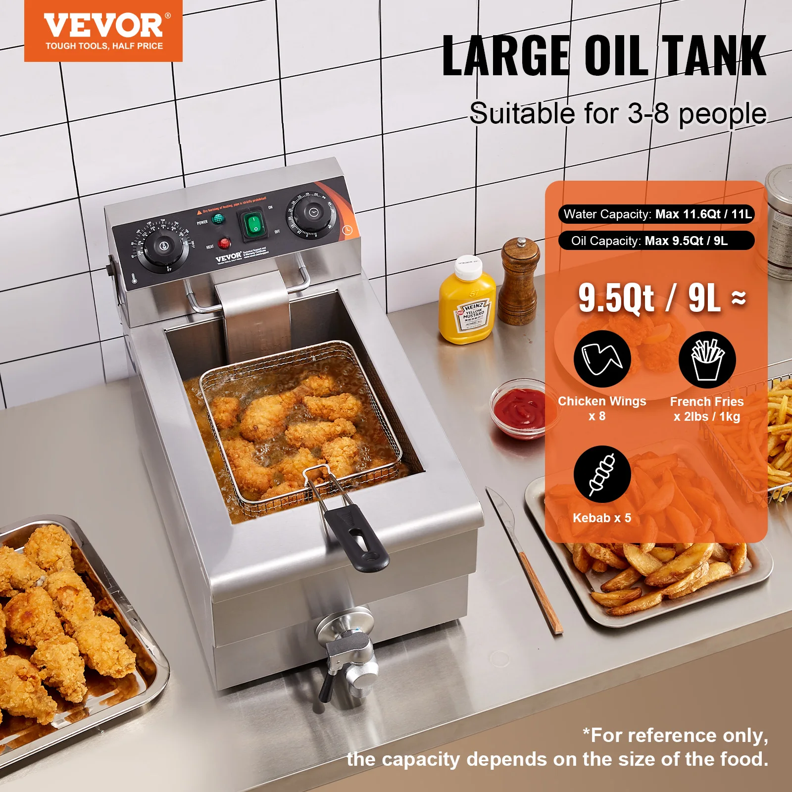 VEVOR Commercial Deep Fryer Electric Countertop Fryer with Basket 11.6Qt Stainless Steel Single Oil Fryer w/Time & Temp Control