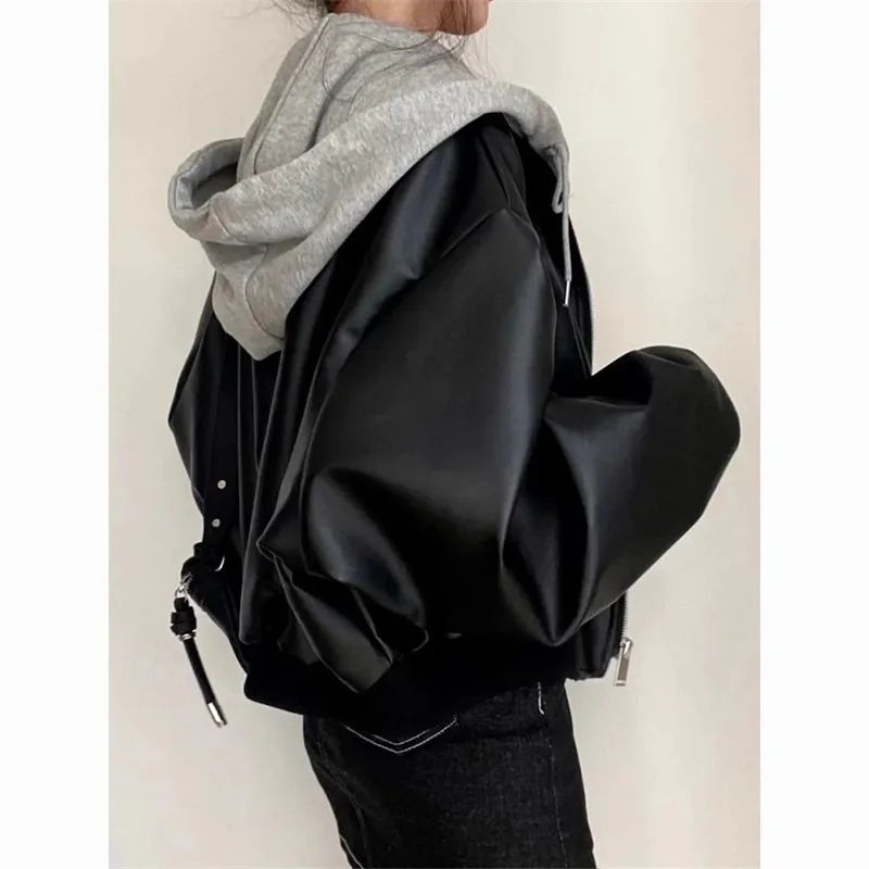 2025 chaqueta de cuero PU de manga larga avanzada para mujer, abrigo de piel sintética a la moda de otoño para mujer, prendas de vestir de cuero con capucha coreanas para mujer