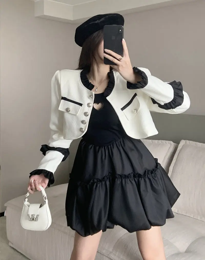 Korean Girl Group Two Piece Set Women Elegant Party Hollow Out Dresses Suit Female Designer Cardigans＋Sweet Strap Cake Dress