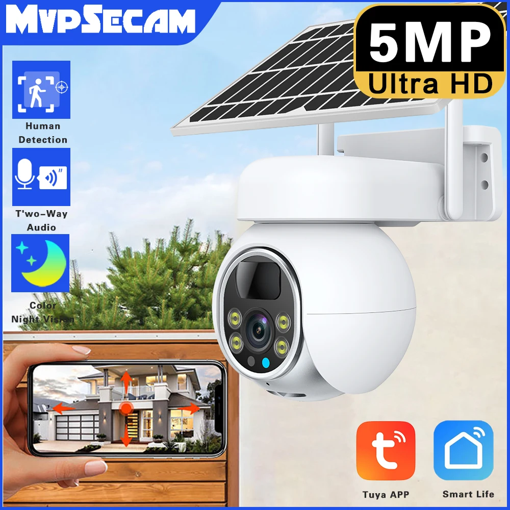 5MP واي فاي الشمسية CCTV كاميرا مراقبة فيديو في الهواء الطلق مقاوم للماء PIR كشف كاميرا أمان لاسلكية PTZ اللون للرؤية الليلية