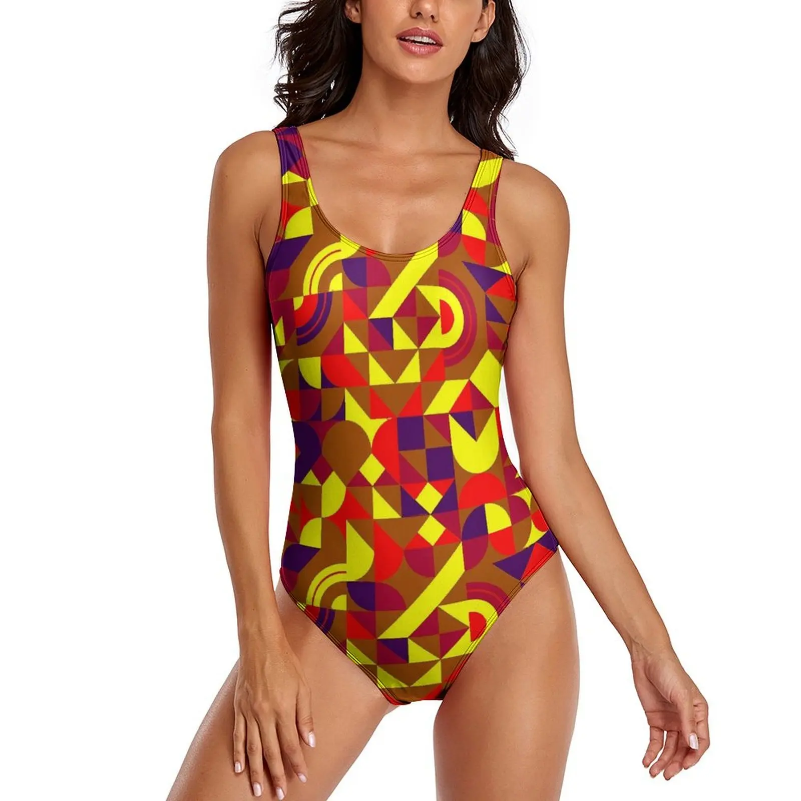 

Colorful Geo Print Swimsuit Sexy Abstract Geometric Woman Swimwear One Piece Trendy Bodysuit Holiday Rave Push Up Bathing Suits