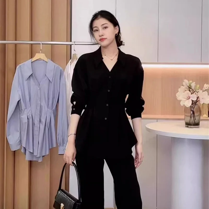 Camicie a maniche lunghe dimagranti strette in vita Donna Primavera Autunno All-Match Camicia monopetto chic Nuovo temperamento Solid Tops
