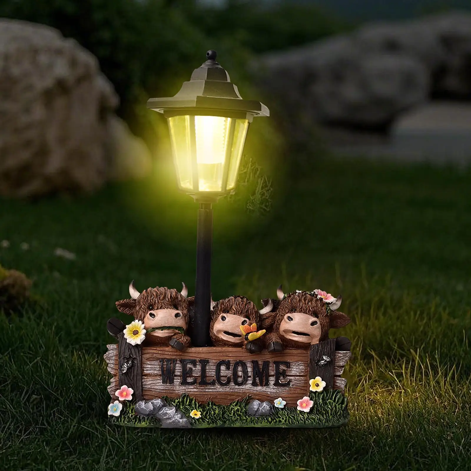 

Garden Cow Solar Lamp Statue Creative Craft Gift Funny Animal Figurine Resin