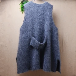 Ladies Women Fall Winter Fashion Grey Hairy Mink Cashmere Knitted Medium Long Sleeveless Loose Cardigans Sweater Vest Jacket Top