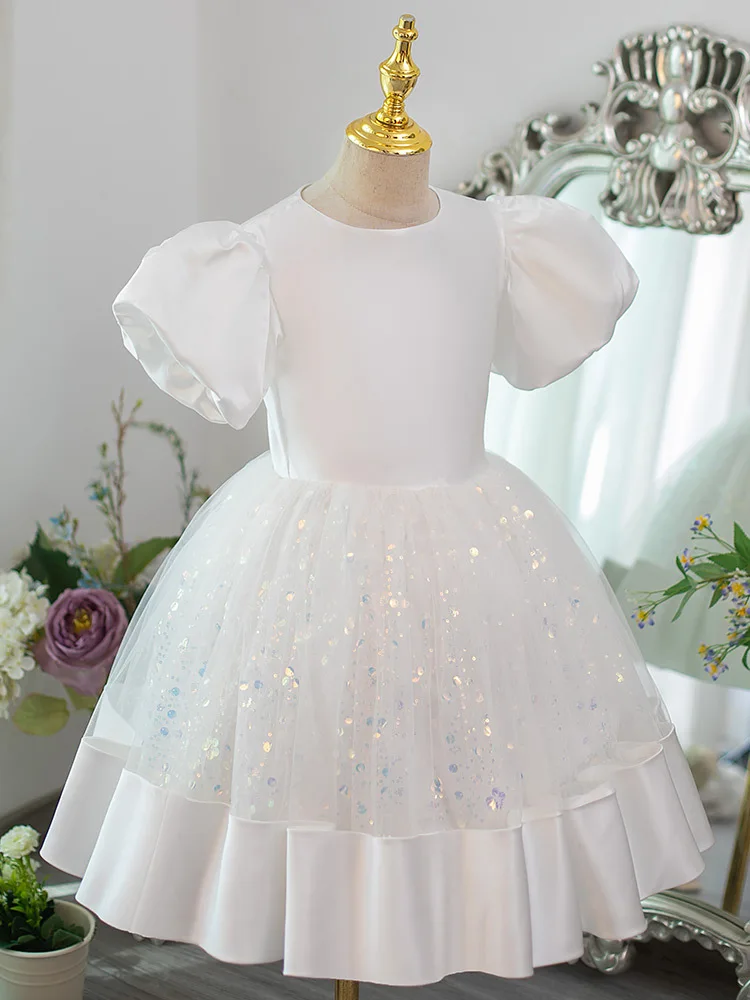 

White Children's Dress2025Winter New Flower Girl Wedding Princess Sequin Puff Dress Amazon Dropshipping