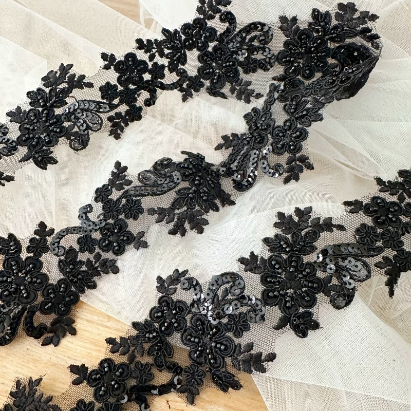 1 Yard/Lot Schwarzes Perlen-Spitzenband, Perlenbesetzter Spitzenstoff, Fransen-Spitzenborte, Bestickte Kragenverzierung, DIY-Kleidungszubehör – Detail 2