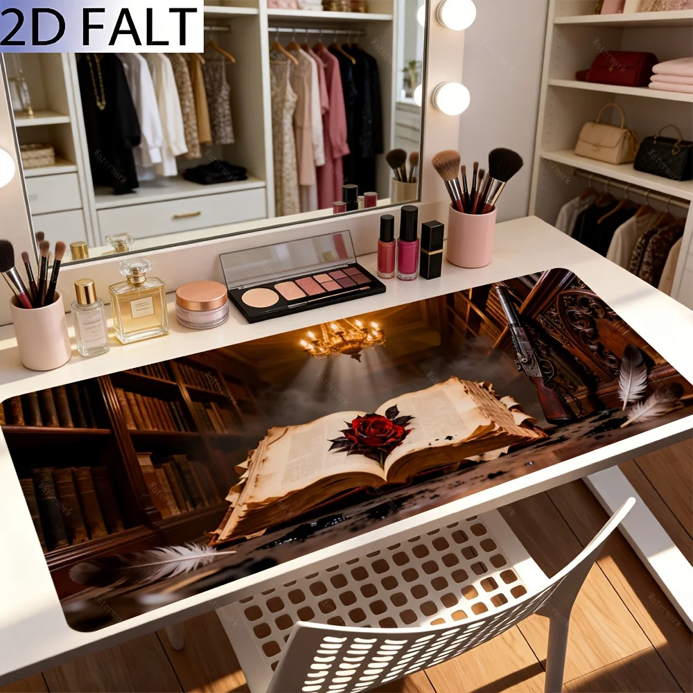 2D Flat, 1PC Oversized, Non-Slip, Table Mat, Mouse Pad, Classical Library, Spread Out Books, Warm Roses, Ink, Feathers, Suitable For PC, Desk And Family Use, Gifts For Men And Women Friends, Improve Desktop Comfort.