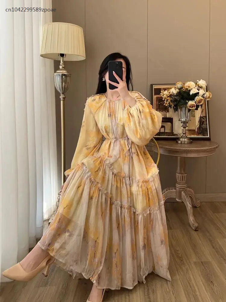 Printed French Slim Waist Dress Spring Beaded Tencel Elegant Long Dress Women's High Sense Celebrity Long Sleeve Big Swing Skirt