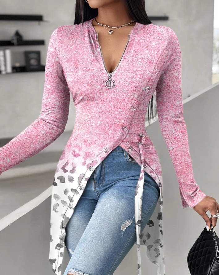 

2024 Spring Autumn for Women Tee New Casual V-Neck Long Sleeve Leopard Print Ombre Zip Front Split Top Zipper Skinny T-Shirt