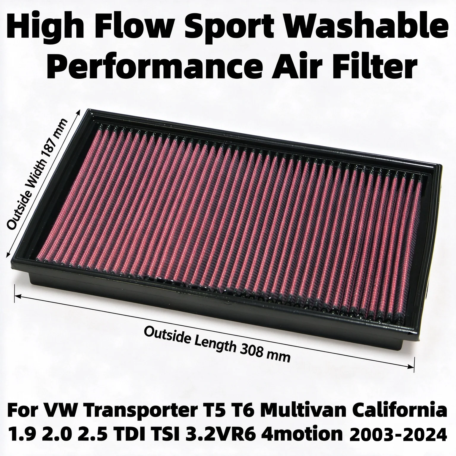 High Flow Washable Performance Air Filter For VW Transporter T5 T6 1.9 2.0 2.5 TDI TSI Bus Van Multivan Caravelle 2003-2024