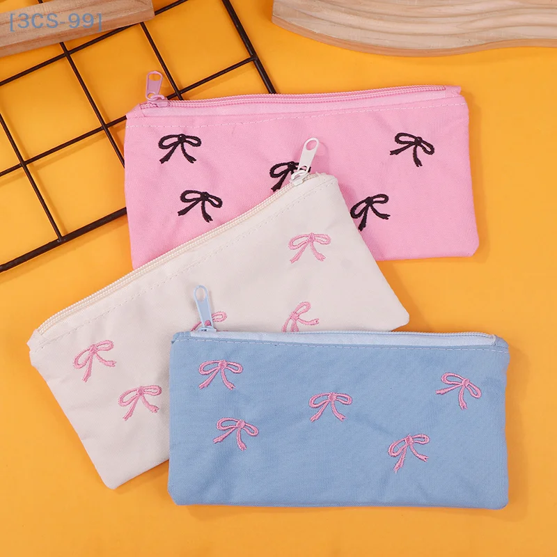 البوليستر المطرزة حقيبة Bowknot مستطيلة الشكل حقيبة مستحضرات التجميل مقلمة الفتيات اللوازم المدرسية العودة إلى المدرسة قلم رصاص الحقيبة