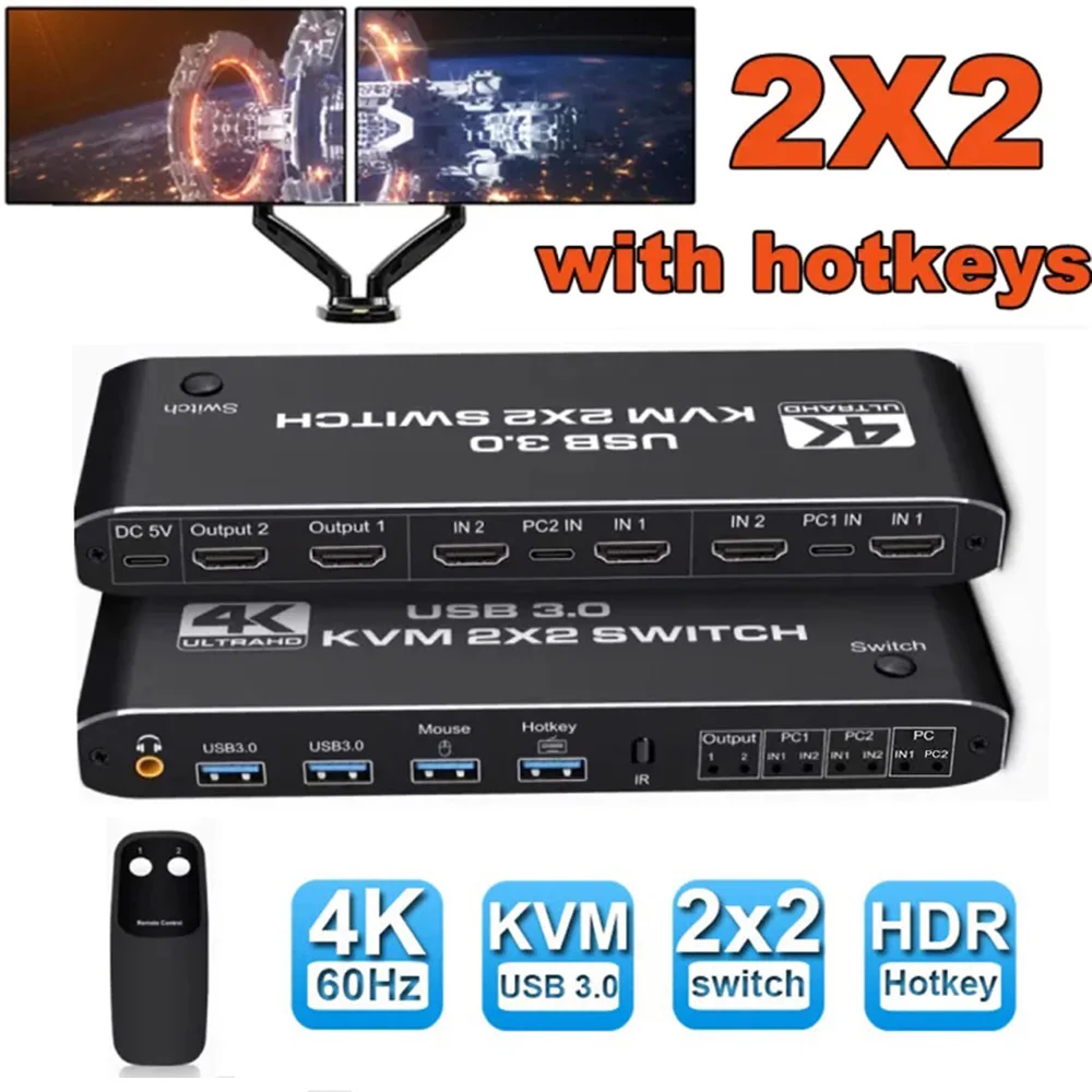 

4K 60 Гц 2x2 USB KVM-переключатель Двойной монитор Двойной дисплей Расширенный дисплей KVM-переключатель 2.0CH Audio Extractor 2 монитора 2 компьютера S