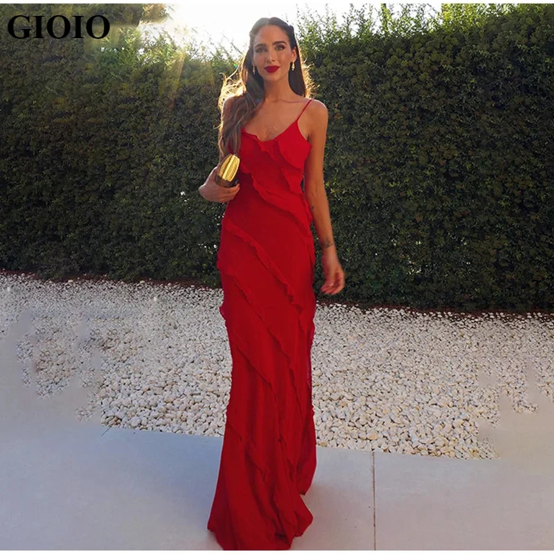 GIOIO 2024 Fashion women chiffon solid dress sexy hot girl strap backless slit ruffled party dress