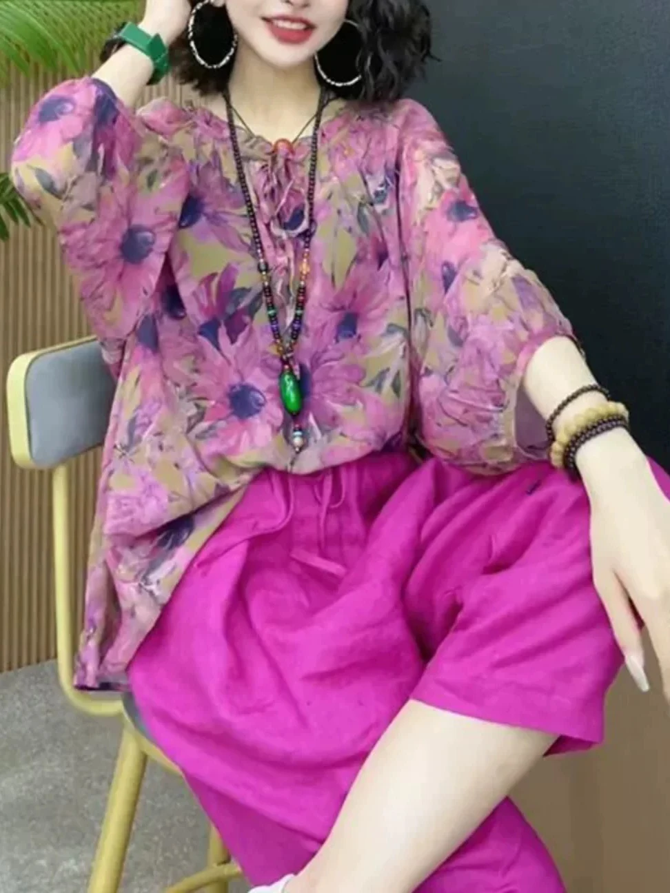 

Spring Summer Ethnic Style Printed T-Shirt Lantern Sleeve Casual round Neck Seven-Quarter Length Women's plus Size Top