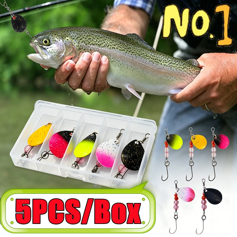 最新の5個入り-箱入りメタルスピナーベイトフィッシングスプーンルアー、フック付き、淡水渓流トラウトルアー、釣り用人工餌ツール