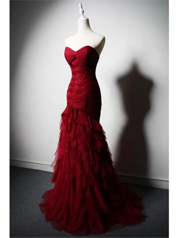 Textured wine red figure-hugging fishtail long dress for toasting performance hosting and event